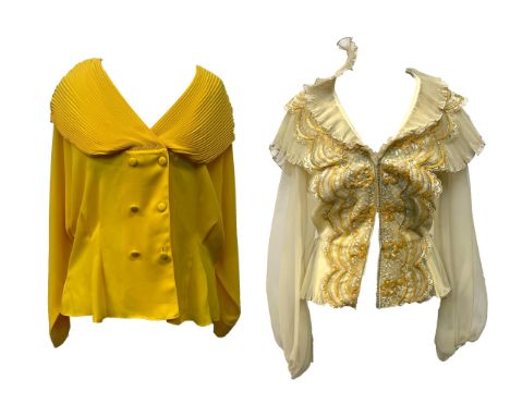 A 1980's yellow blouse with a pleated V decolletage and double breasted buttons, ladies size 38, together with sequin and bea