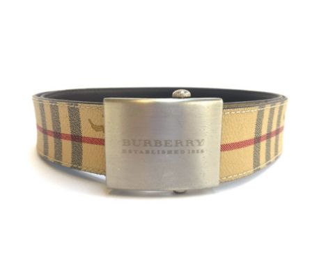 A Burberry Nova Check/Equestrian Knight print leather belt, with Burberry engraved buckle