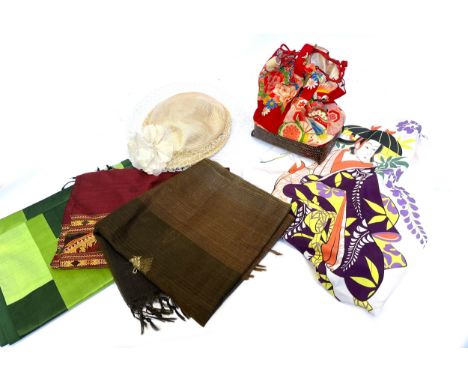 A mixed lot of accessories and textiles to include; pouch bag in printed material with structured woven bottom, silk scarf wi