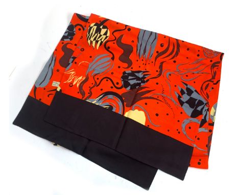 A Georgina von Etzdorf silk scarf, abstract tulips on a bright orange ground, 47x87cm, together with one other