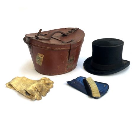 An equestrian gents silk top hat by John McVeigh London, together with brush, suede gloves and silk handkerchief, together in