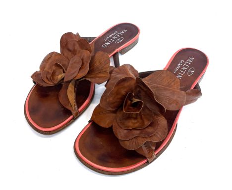 A pair of Valentino Garavani sandals with tan leather flower corsage straps, EU size 38 1/2