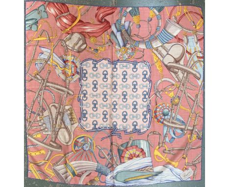 A vintage Gucci silk scarf, Equestrian pattern on a pink ground, 85x85cm
