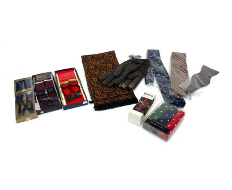 A mixed lot of menswear accessories, to include paisley silk scarf by BOSS, three pairs of breeches, Barbour paisley handkerc