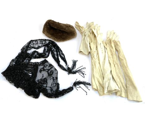 A mixed lot of early 20th century accessories, to include a black spangled lace scarf with beaded tassels in flounce design, 