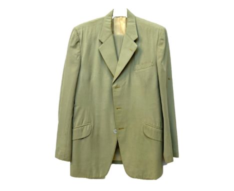 A sage green wool suit, single breasted jacket with three buttons and single vent, chest approx 40", trousers with button fly