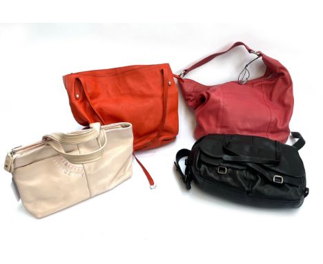 Four leather Radley bags, to include a black saddle bag, 12"L, a coral shoulder bag, an orange shoulder bag with Radley dog c