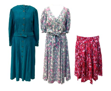 Three Laura Ashley pieces to include: 1980s teal dress in fine corduroy with front pleated panel, UK size 10; 1990s full midi