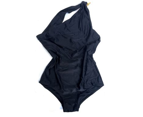 A Hermes black swimsuit with gold tone toggle hardware at shoulder, cut out scoop back and one asymmetric strap, size 40
