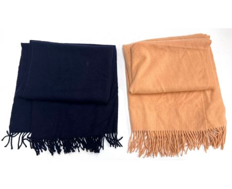 Two cashmere chunky scarves with fringe ends, one navy, one pink by the Scotch House