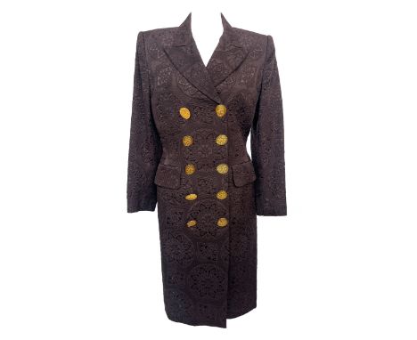 A Laura B Couture silk/wool blend double breasted brown coat, gold tone coin style buttons, size 10