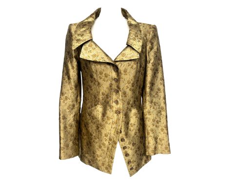 A Christian Lacroix metallic gold toned silk blazer, with open split front, floral brocade design, flounce embossed buttons, 
