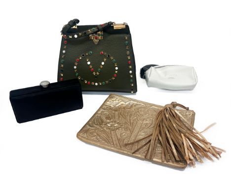 A mixed lot of ladies handbags and purses, to include green leather handbag with 'V' shaped gold hardware and coloured studs,