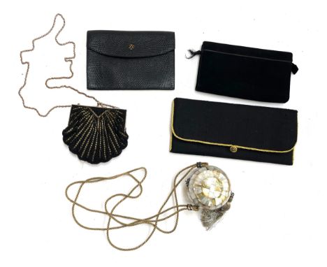 A lot of five designer evening bags, to include a Hermes black leather fold over clutch, 22.5cmW, a Rummel London mother of p