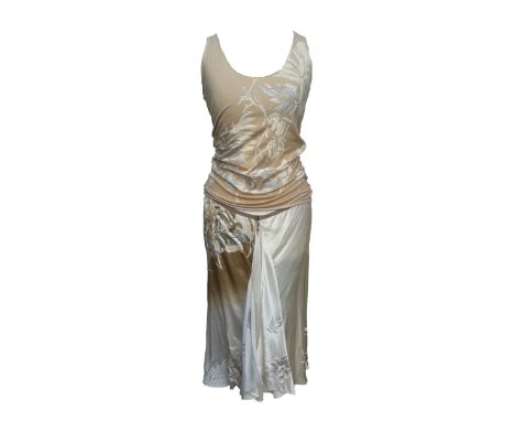 BOSS by Hugo Boss two piece, 100% silk skirt with front zip closure and floaty ruffles, 92% cotton vest top with abstract flo
