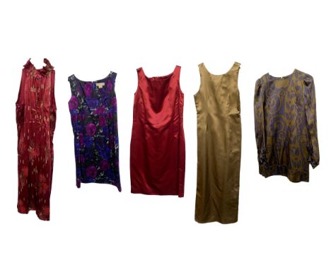 Five designer dresses, to include three French Connections dresses, one size 14, two size M, a Karen Millan gold toned evenin