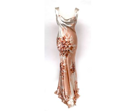An Amanda Wakeley silk full length dress in abstract floral splatter print, bias cut champagne, pink, and amber silk, size 10