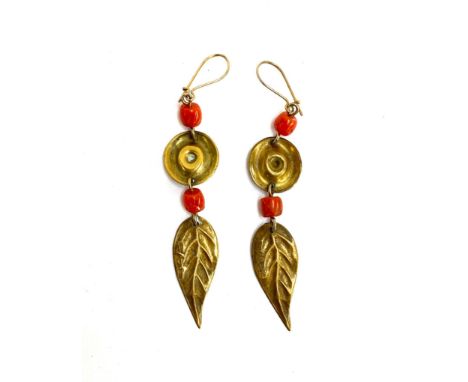A pair of Carlo Zini brass and coral bead earrings in the form of leaves and discs, signed to reverse, 6cmL