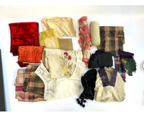 A mixed lot of mainly late 19th/early 20th century textiles to include velvet needle cases, pin cushion, silk tartan remnants