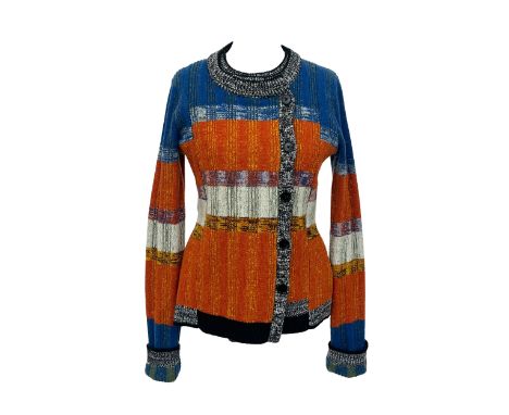 A Joseph wool jumper in multicolour stripes, layered front panels with button closures, 100% wool, size M