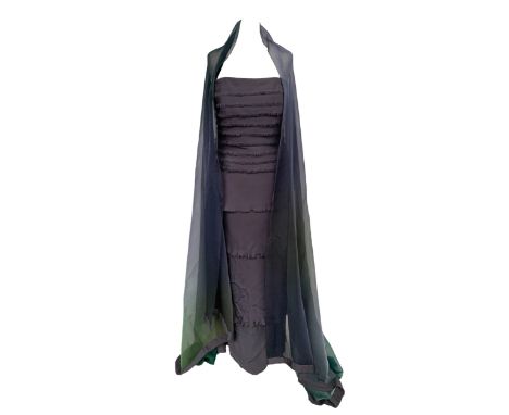 A three piece Tomasz Starzewski Couture grey silk three piece outfit, to include frayed edge boned strapless top, tiered full