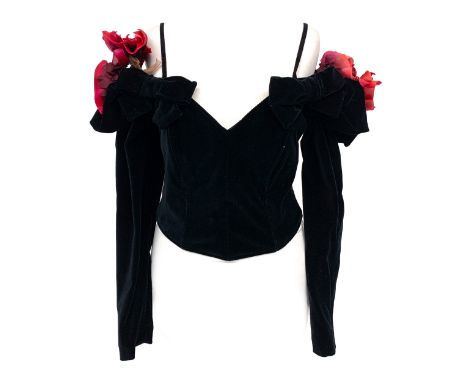 An Anna Molinari for Blumarine black velvet top, with straps and off shoulder long sleeves, boned bodice with sweetheart neck