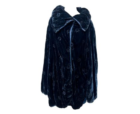 A blue velvet coat by Ghost, with leaf embroidery and padded collar, size LL, silk blend