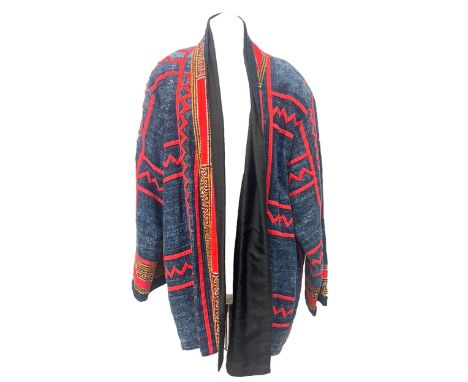 Reversible loose robe in Thai style with patterned indigo dye, quilting and embroidery details