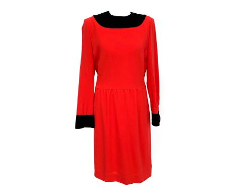 A Laura B Couture red wool dress with black velvet neckline and cuffs, zip closure to back, size 12