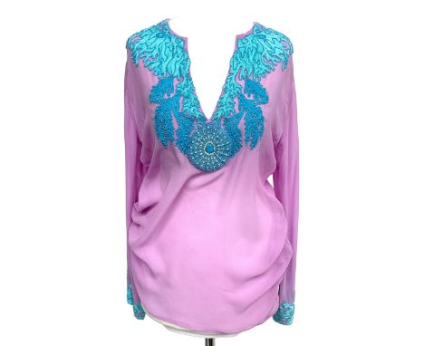 A Jeannie Mcqueeny purple sheer silk crepe top with hand embroidered and beaded blue embellishments in coral shape,  30" ches