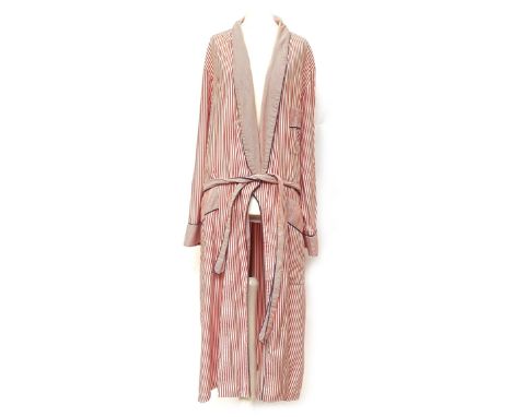 An Aquascutum pin strip dressing gown/robe with dark blue piping and shawl collar