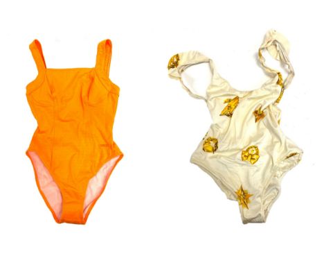 Two vintage swimsuits, to include bright orange backless swimsuit by Arena, new with sanitary sticker, and a star print swims