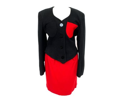 An Arabella Pollen black and red wool skirt/ jacket two piece set, UK size 12, retailed by Lucienne Phillips, together with a