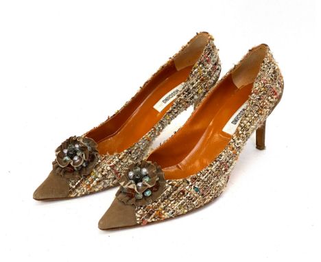 A pair of Moschino boucle tweed and suede high heeled pumps, with suede toe and beaded flower corsage detail, size 39 1/2