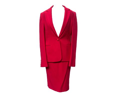 A 1990s fuchsia Gianni Versace wool suit set, to include fitted wool blazer with gold Versace medusa detail on button, 34" ch