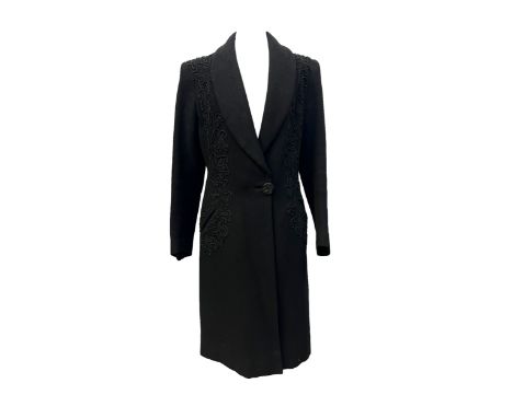 A black heavy crepe ladies coat with foliage couching embroidery, singular button closure, approx 39" chest