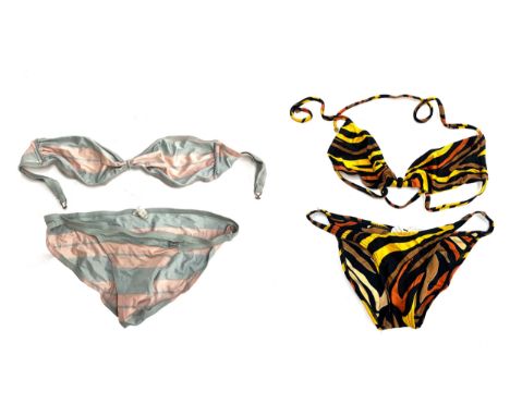 Two vintage Gucci bikini sets, one in blue and pink stripes, with silver GG hardware, size L, the other in orange and yellow 