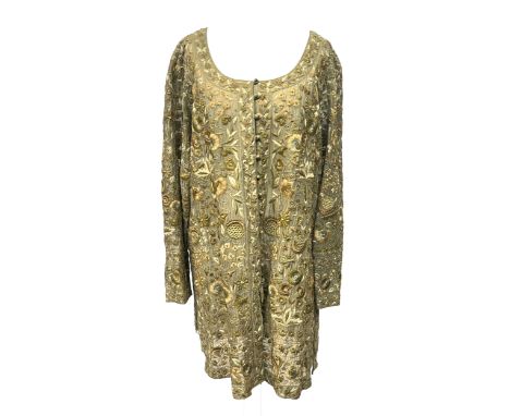 An Abu Jani Sandeep Khosla hand embroidered Indian silk tunic, green and gold floral design on sheer silk fabric, front cover