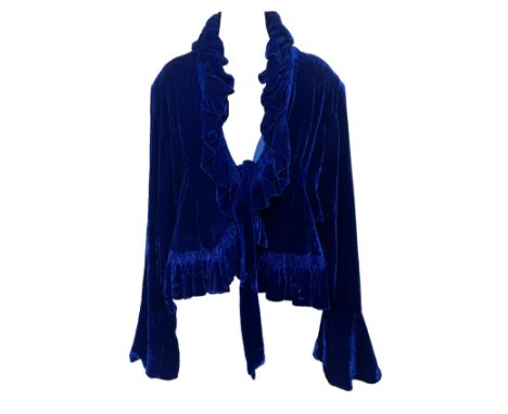 A 100% silk Burgundy Bou cobalt blue velvet jacket with shirred frill hems and cuffs, women's size XL, together with Georgina