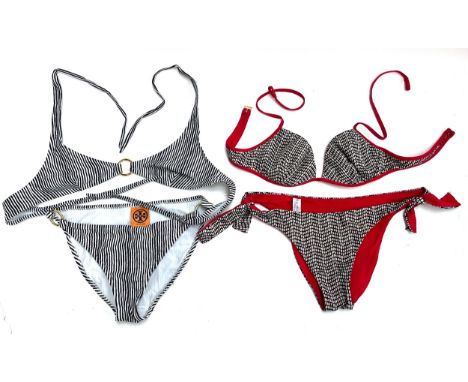 Three pairs of designer bikinis, to include a Tory Burch striped bikini with gold toned hardware, a white scallop Marysia res