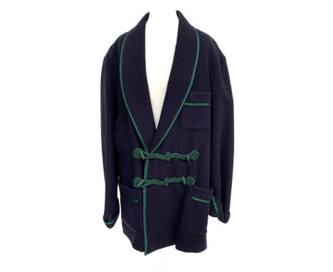 A Hilditch &amp; Key, Jermyn St, purple wool overcoat with green trim, toggle cord closures, three patch pockets, approx 44" 