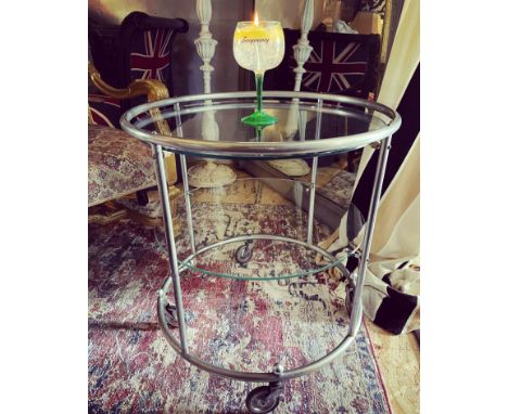 ART DECO TUBULAR STEEL AND GLASS DRINKS TABLE ON CASTORS
A rare, genuine Art Deco tubular steel circular drinks table. 64cm h