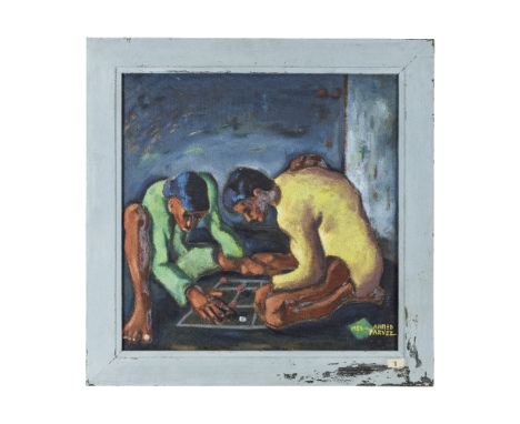 Ahmed Parvez (1926-1979)Untitled (The Game) signed ad dated 'Ahmed Parvez 1954' lower right; title versooil on hardboard, fra