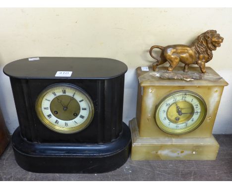 A 19th Century French ebonised mantel clock and a French alabaster timepiece