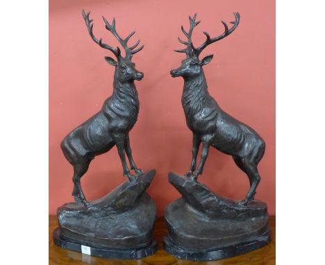 A pair of French style bronze stags, on black marble plinths