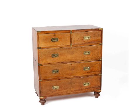 A 19th Century two-section campaign chest with countersunk brass handles, fitted two short over three long drawers on turned 