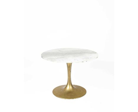 A circular breakfast table in the manner of Eero Saarinen, 101.5cm diameter, 74cm highmarble top with light scuffs and some s