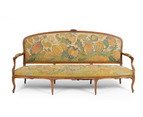 A French beech framed sofa with tapestry back and seat decorated with floral vines and pomegranates, 230cm wide x 112cm highP