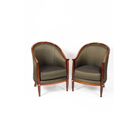 A pair of Art Deco style tub chairs in the manner of Jules Leleu, in dark green upholstery, 86cm highArt Deco style rather th