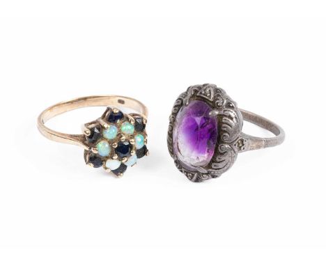 A 9ct gold opal and sapphire ring, approximately 2.5g and a silver ring